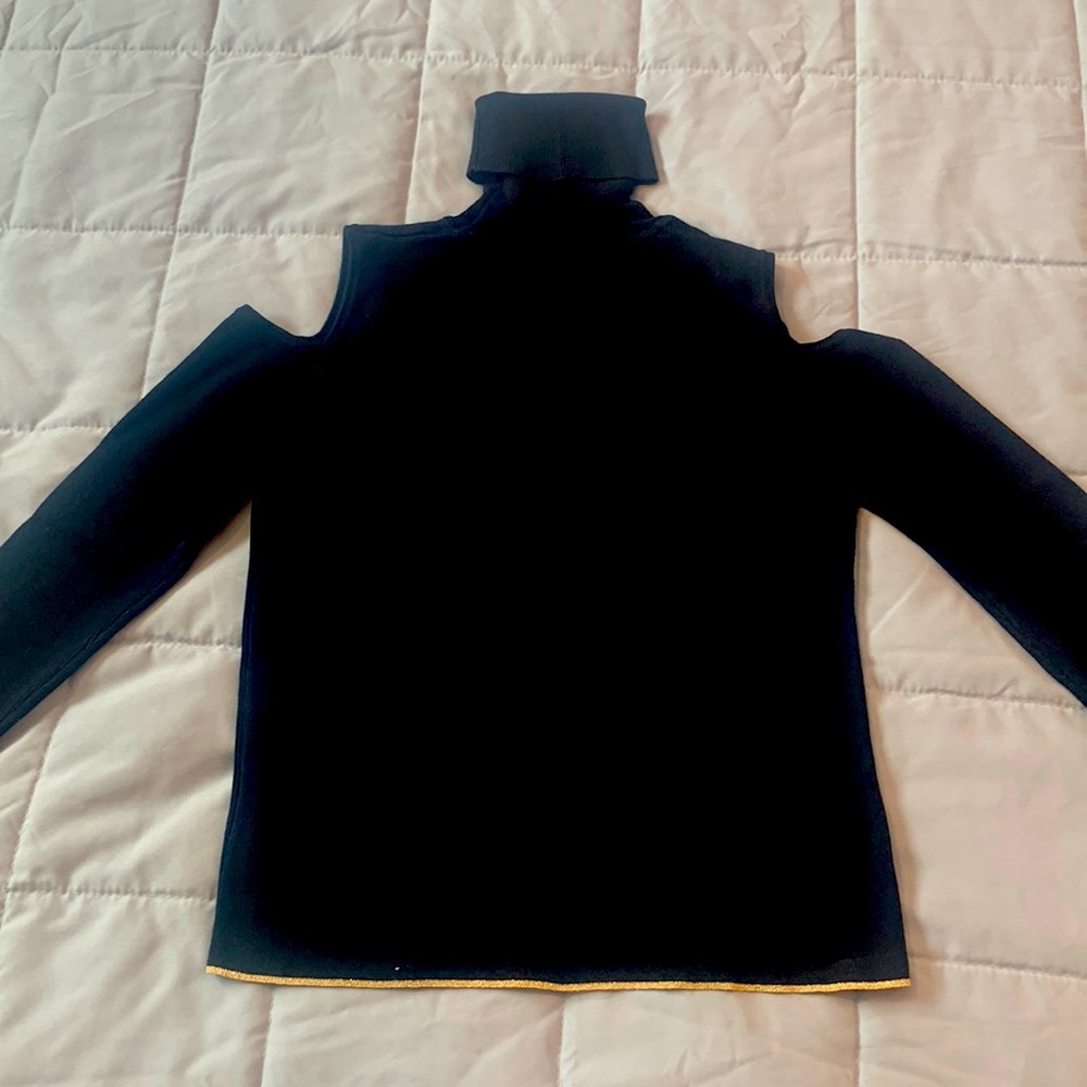 NWT ZARA Black Turtleneck Cold Shoulder Sweater with Gold Detailing Size Large